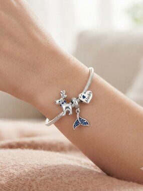Silver charm bracelet I love Alaska whale tail reindeer charm with blue crystals
